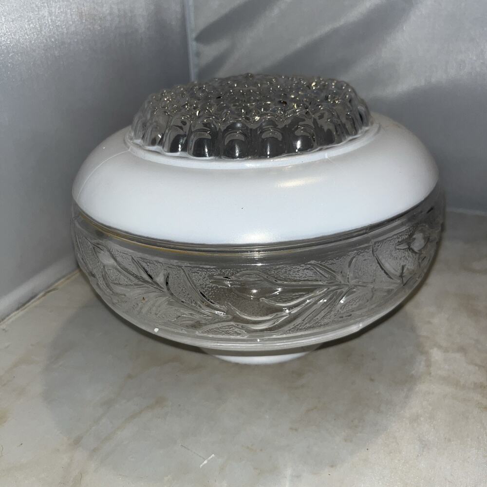 VINTAGE GLASS CEILING LIGHT SHADE HOBNAIL WHITE & CLEAR with FLORAL OR SCROLL